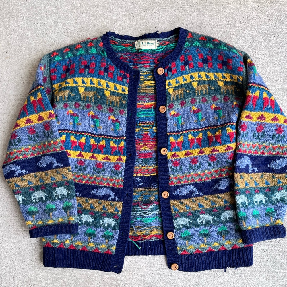 Vintage 90s LLbean wool chunky knit animal bird elephant cardigan sweater retro - Picture 8 of 9